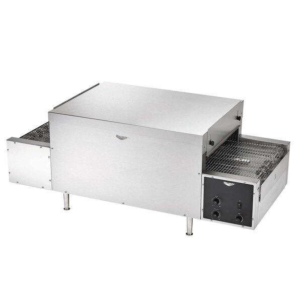 A large rectangular stainless steel Vollrath countertop conveyor oven with a wide metal belt.
