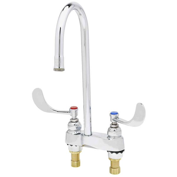 A T&S chrome deck mounted lavatory faucet with two wrist handles.