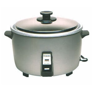 A Panasonic stainless steel commercial rice cooker on a counter.