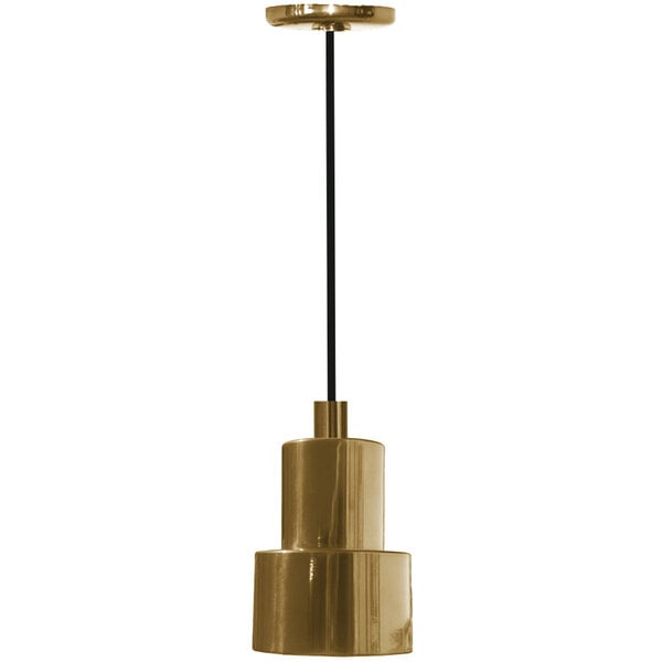 A Hanson Heat Lamps brass ceiling mount heat lamp with a black shade.