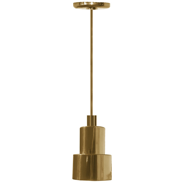 A Hanson Heat Lamps ceiling mount heat lamp with a brass finish and Rigid stem.