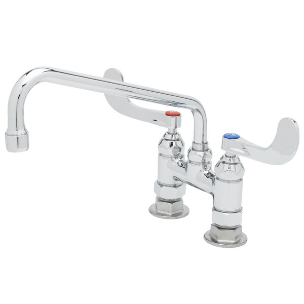 A white T&S deck-mounted pantry faucet with 4" wrist handles.