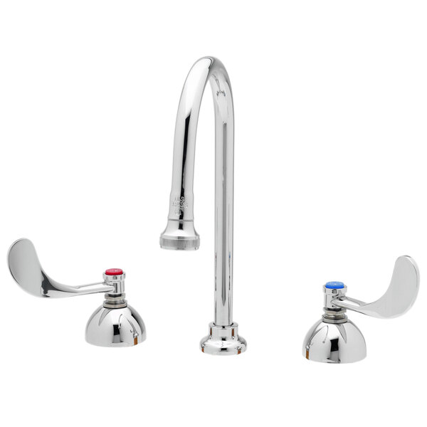 A T&S medical faucet with two swivel gooseneck spouts and wrist handles.