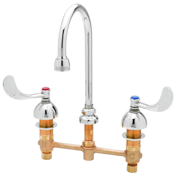 A T&S chrome medical faucet with swivel gooseneck and wrist handles.