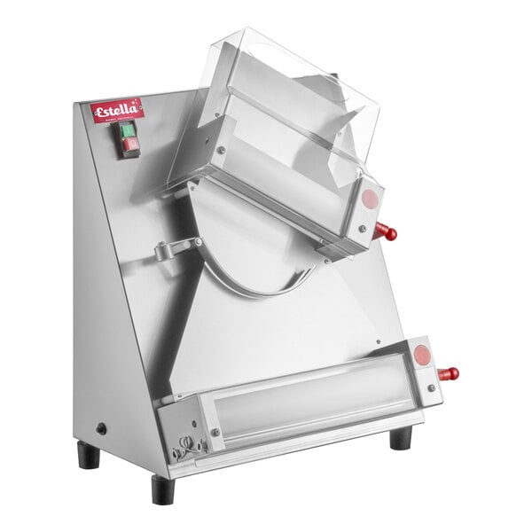 A stainless steel countertop two stage dough sheeter with a slanted design and clear safety guards.
