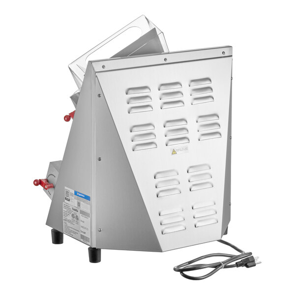 A stainless steel countertop two stage dough sheeter with a vented back panel and attached power cord.