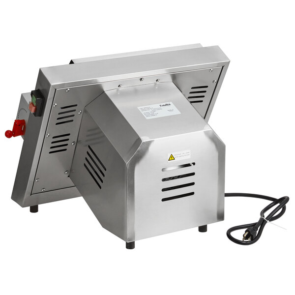A white Estella countertop dough sheeter with a red button.