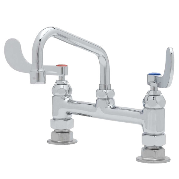 A T&S chrome deck-mounted pantry faucet with wrist handles.