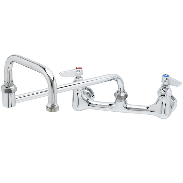 A T&S chrome wall mounted faucet with double-jointed swing spout and lever handles.