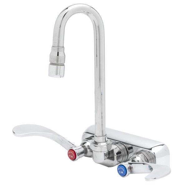 A T&S chrome wall mount faucet with gooseneck spout and wrist handles.