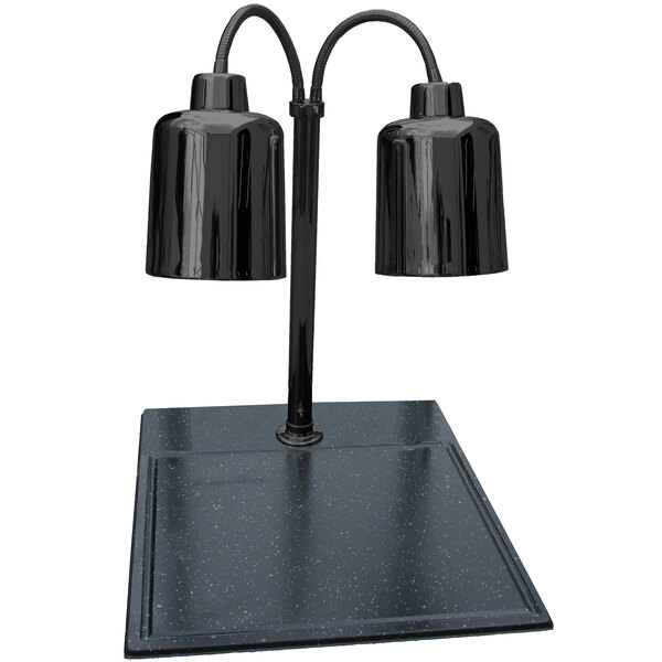 A Hanson Heat Lamps dual bulb black carving station on a black table top.