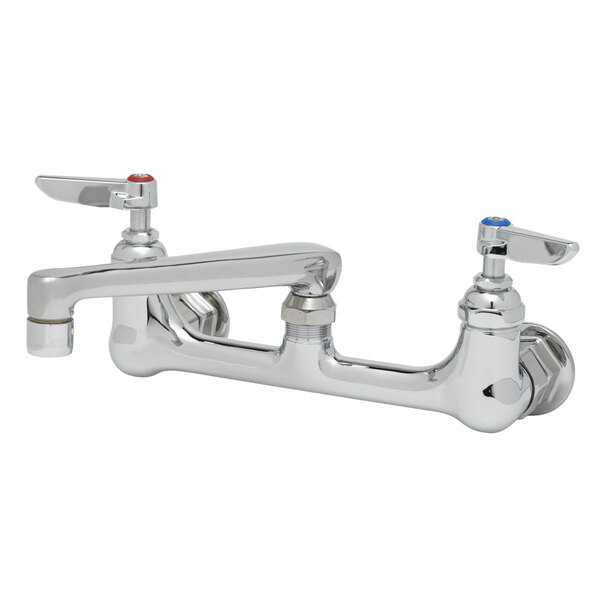 A T&S chrome wall mount faucet with lever handles and two faucets.