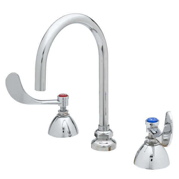 A chrome T&S medical faucet with wrist handles and a blue flow control handle.