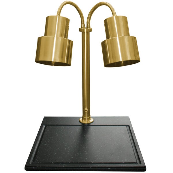 A brass Hanson Heat Lamp with two shades on a black synthetic granite base.