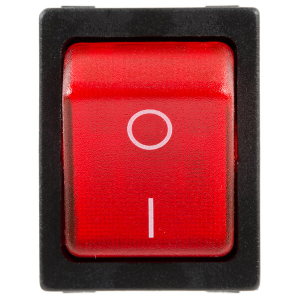 A red Avantco On / Off switch with white text and a circle in the middle.