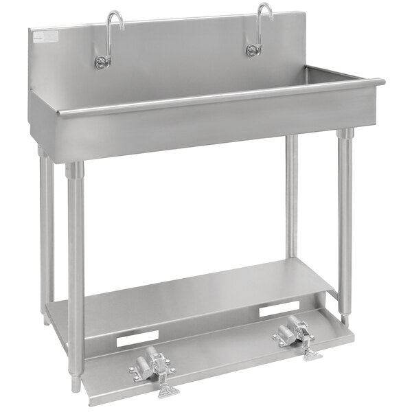 Advance Tabco 19-18-40FV 16-Gauge Multi-Station Hand Sink with 8" Deep Bowl and 2 Toe Operated Faucets - 40" x 17 1/2"