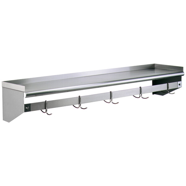 Eagle Group WSP15144 15" x 144" Stainless Steel Wall Mounted Shelf with Pot Rack and 12 Double Prong Hooks
