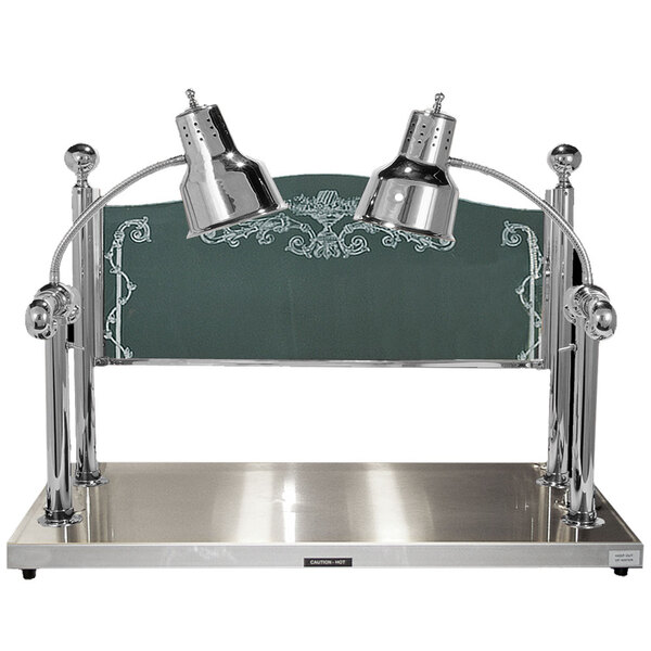 A Hanson Heat Lamps chrome carving station with two heat lamps on a metal table.