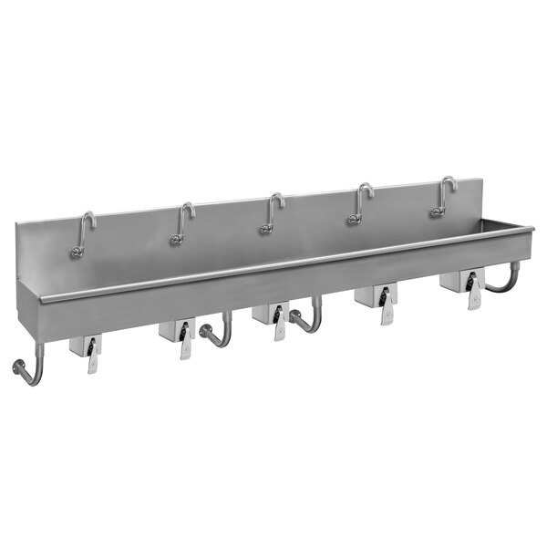 An Advance Tabco stainless steel wall mounted utility sink with 5 knee operated faucets and hooks.