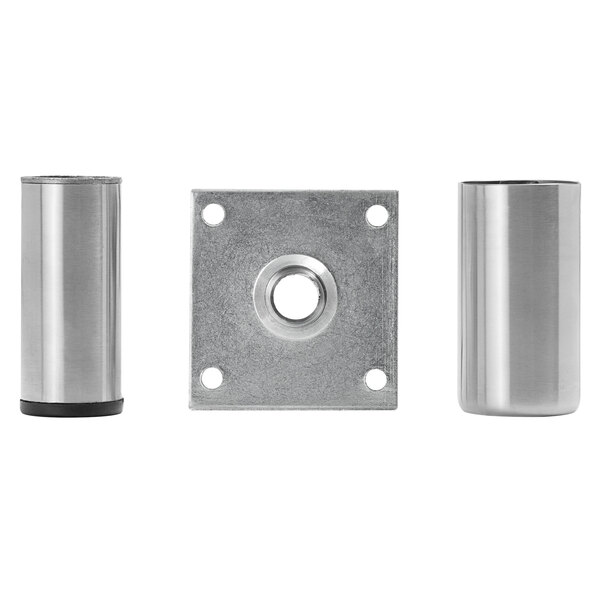 Two Regency stainless steel leg brackets and a metal cylinder.