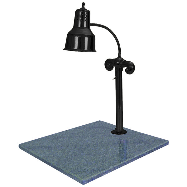 A black Hanson Heat Lamp with natural granite base over a blue square.