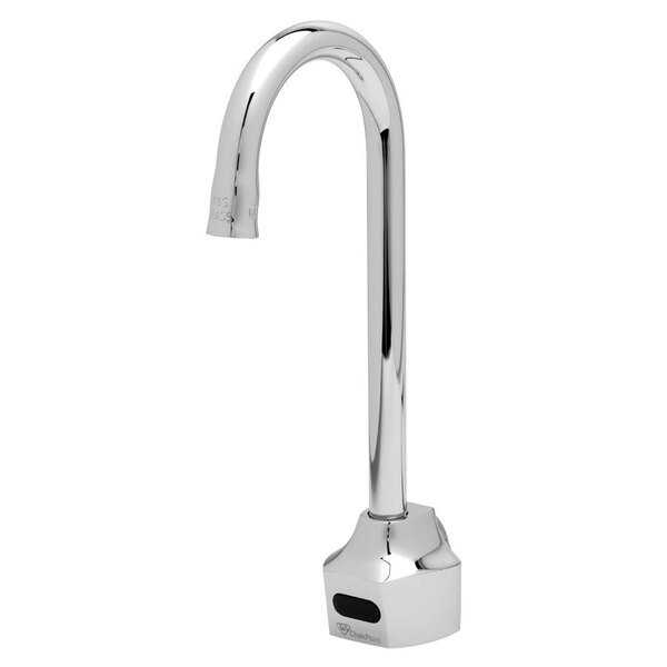 A chrome T&S faucet with a gooseneck spout and black sensor button.