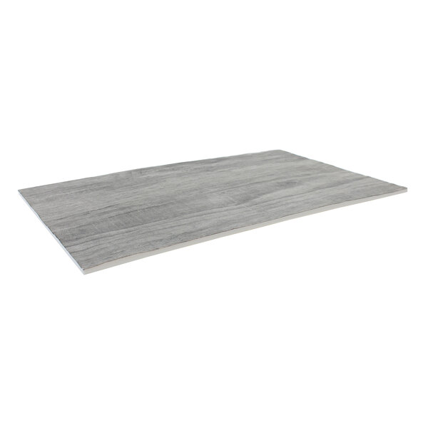 A grey rectangular Tablecraft melamine display tray with white edges.