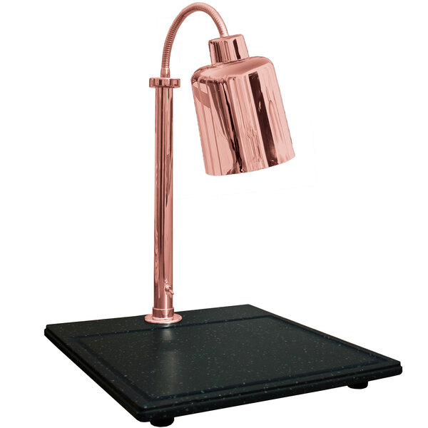 A Hanson Heat Lamps copper lamp on a black square base.