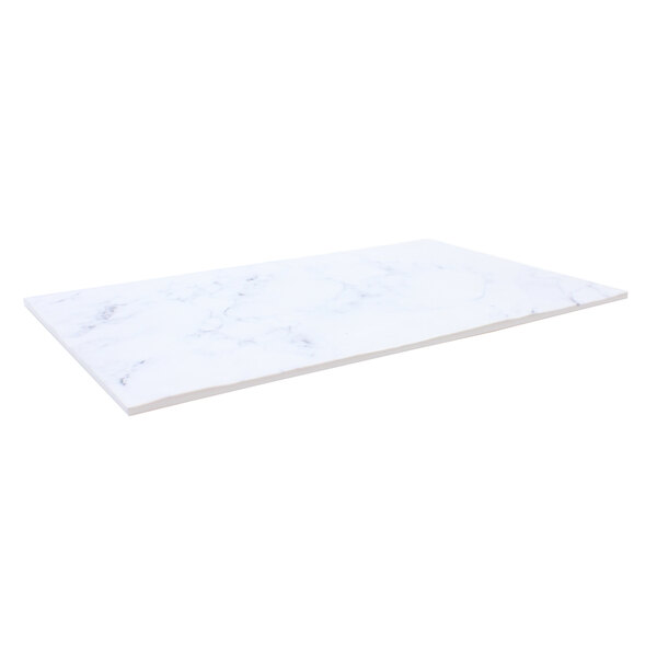 A white rectangular Tablecraft melamine display tray with black veins resembling white marble.