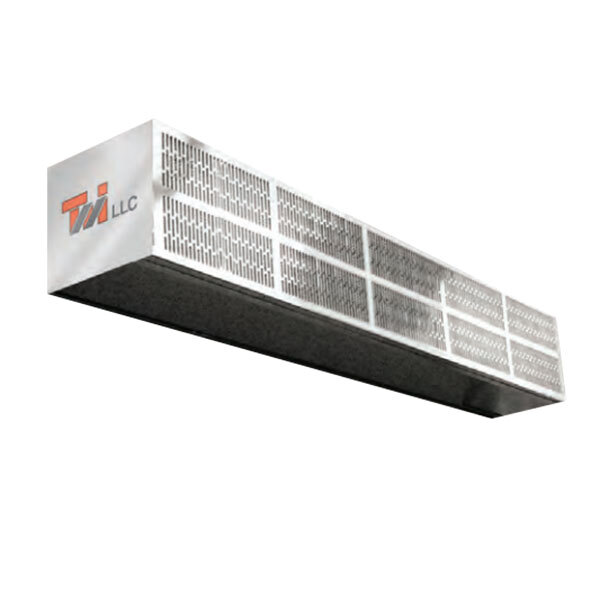 A long rectangular metal air curtain with holes in it.
