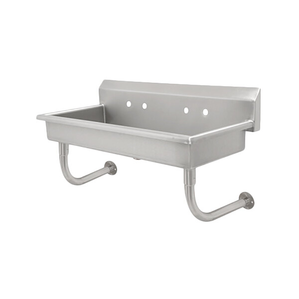 An Advance Tabco stainless steel hand sink with 5 faucet holes.