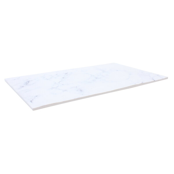 A white rectangular melamine display tray with a white marble surface and black veins.