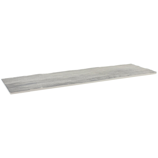 A grey rectangular Tablecraft melamine display tray with a distressed wood design.