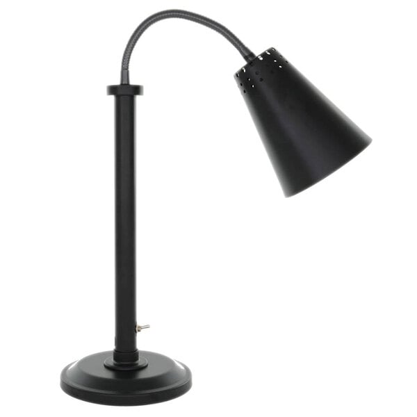 A Hanson Heat Lamps freestanding heat lamp with a black metal shade and flexible pole.