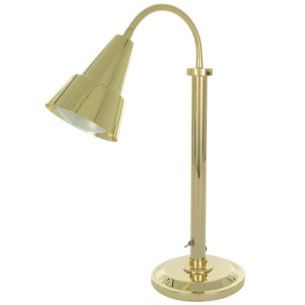 A Hanson Heat Lamps brass heat lamp with a curved neck and a yellow flexible cable.