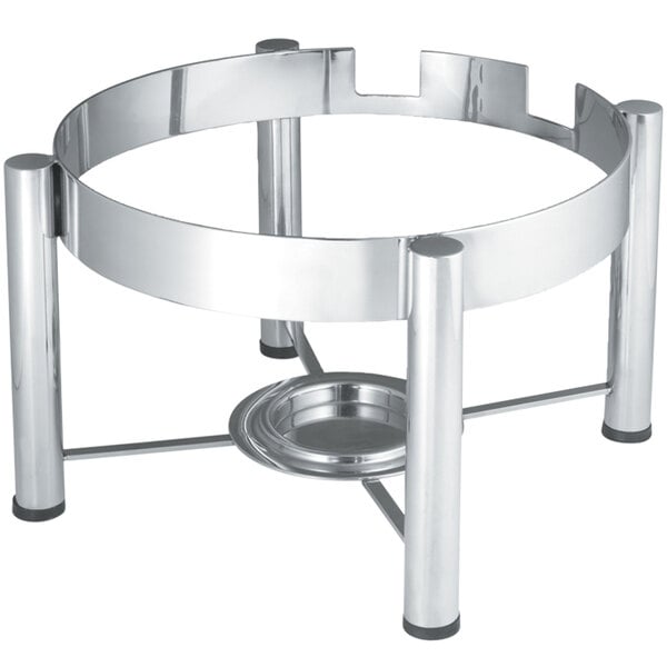 A stainless steel round chafing stand with four legs.