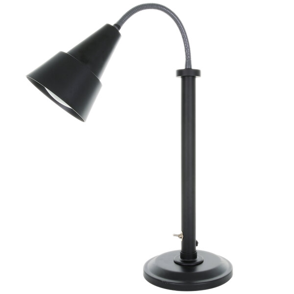 A close-up of a Hanson Heat Lamps black freestanding heat lamp.