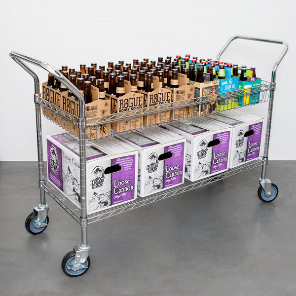 A Regency utility cart full of beer bottles and boxes on a metal shelf.