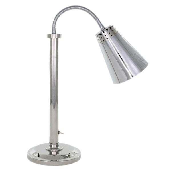 A silver Hanson Heat Lamps freestanding heat lamp with a flexible tube and chrome finish.