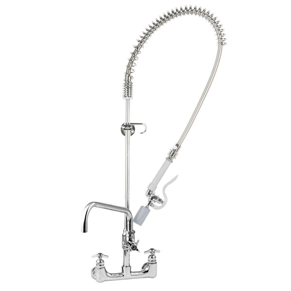 A T&S chrome pre-rinse faucet with a hose and cross handles.