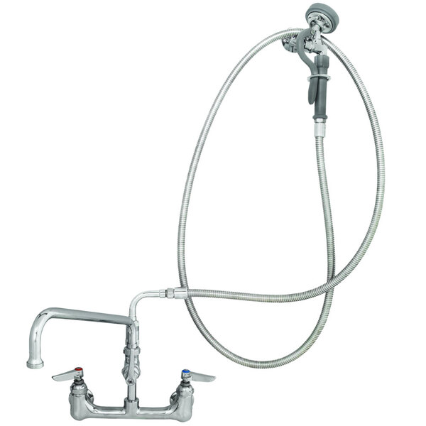 T&S B-0179-01-CR Deck Mounted Pre-Rinse Faucet with Flex Inlets, 104" Hose, and 18" Double Jointed Add-On Faucet with Control Knob