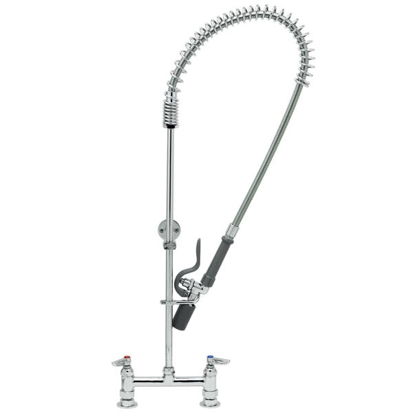 A T&S chrome pre-rinse faucet with a hose and sprayer.