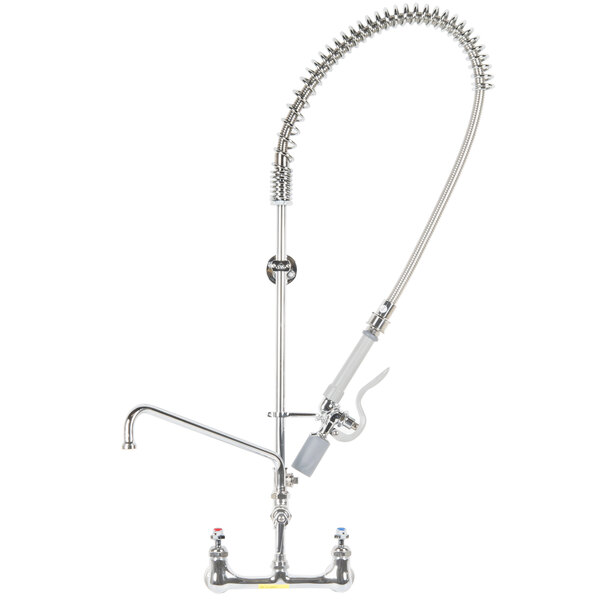 A T&S stainless steel wall mounted pre-rinse faucet with a hose.
