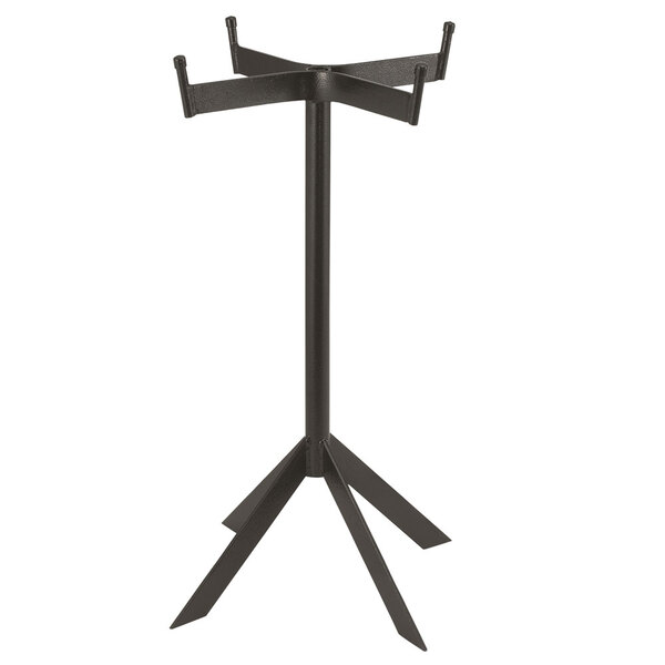 A black metal tripod stand with a round base.