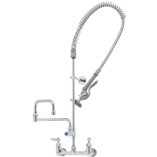 A T&S chrome wall mounted pre-rinse faucet with double-jointed hose.