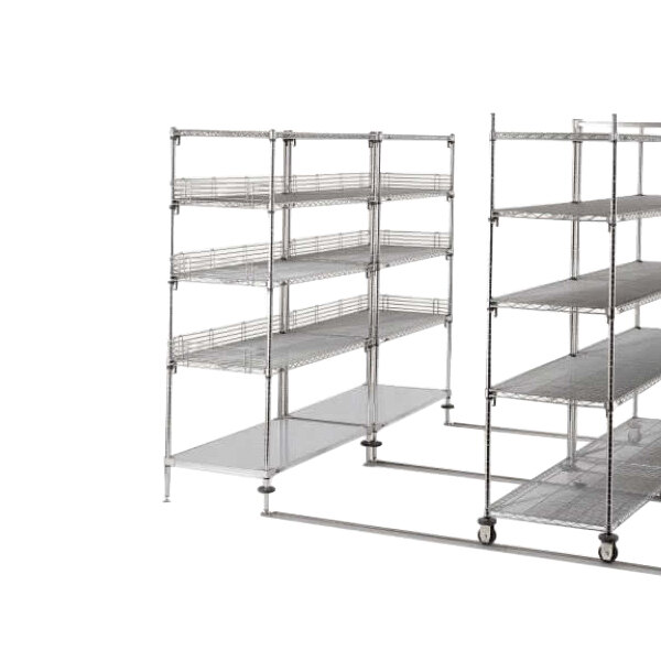 A MetroMax i stationary metal shelving unit with three shelves.