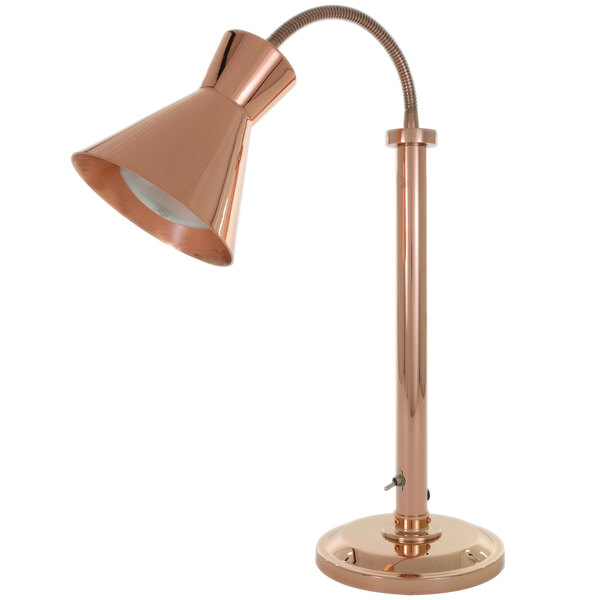 A close-up of a Hanson Heat Lamps streamlined heat lamp with bright copper finish and a flexible curved neck.