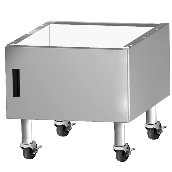 A stainless steel cabinet with wheels.