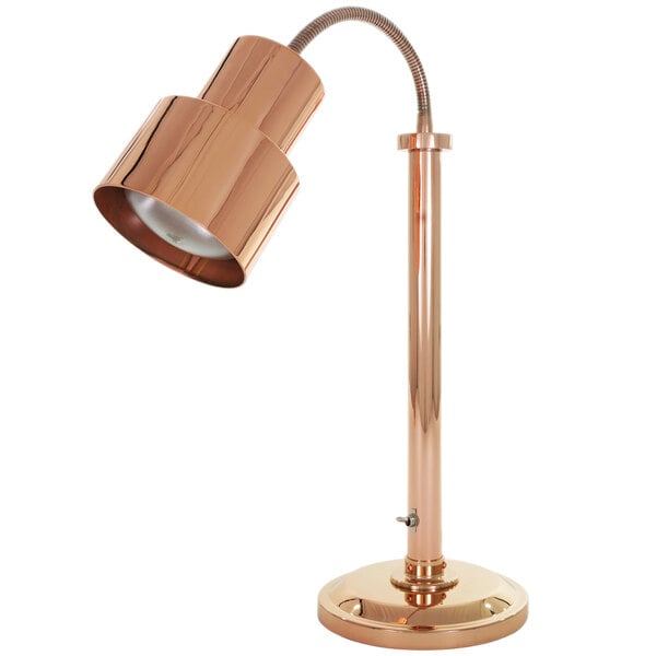 A close-up of a Hanson copper heat lamp with a flexible neck.