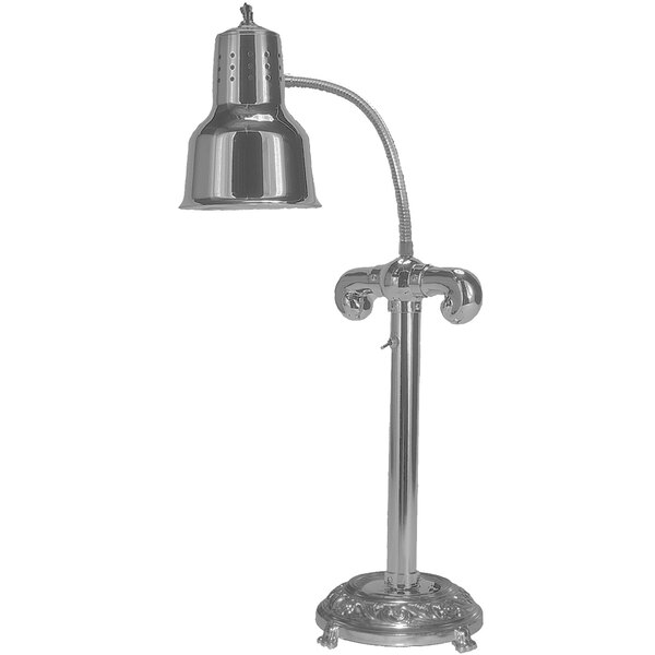 A Hanson Heat Lamps stainless steel freestanding heat lamp with an antique style round base and a curved pole.
